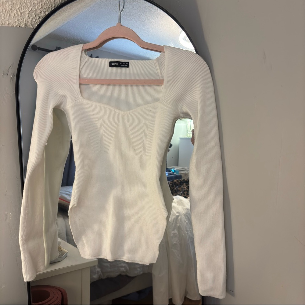 SHEIN White Ribbed Long Sleeve Blouse